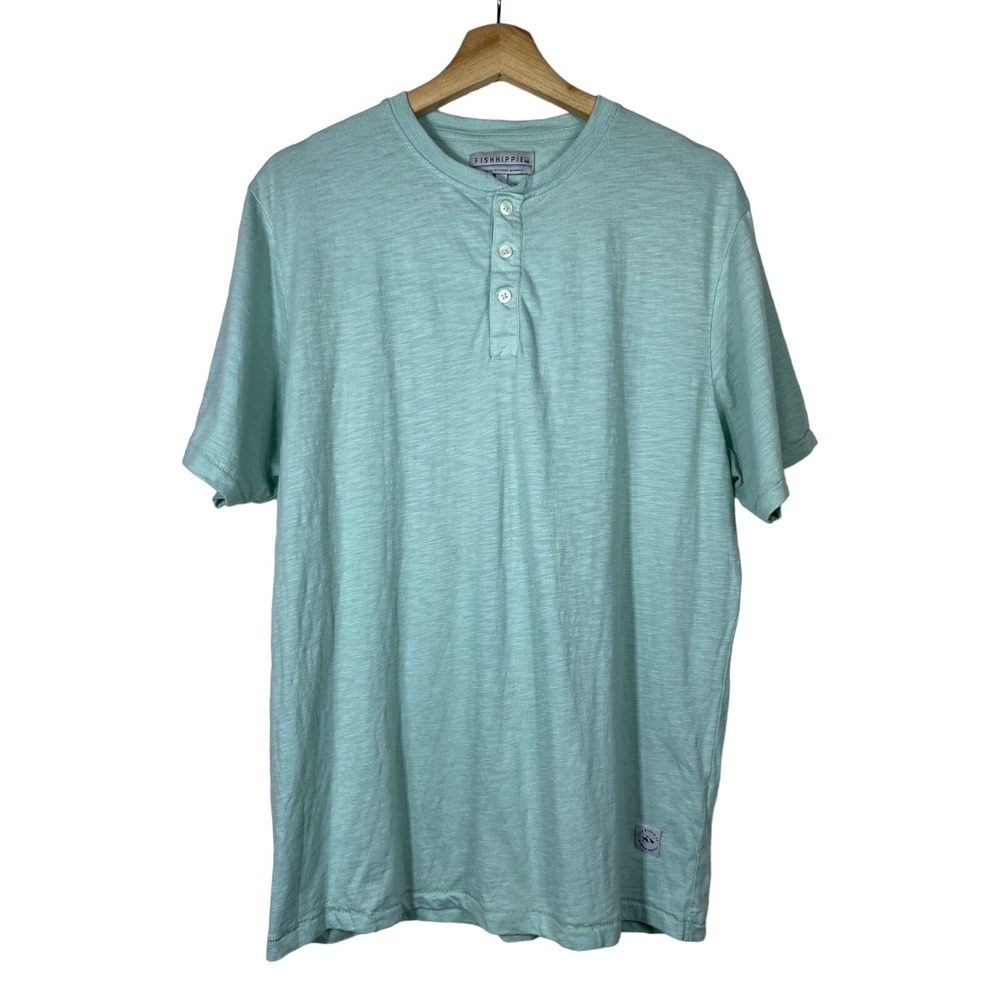 Fish Hippie Co Men Shirt Henley Button Up Teal‎ Blue Short Sleeve